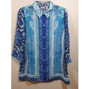 CHICO'S 3/4 blue and white paisley sleeve‎ semi sheer tunic top size 0 smaller